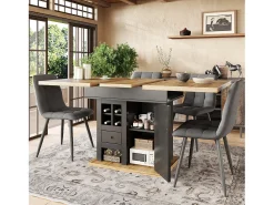 Mesa de comedor telescópica (110-140x80 cm), mesa plegable para 4-6 personas, extensible, con botellero y cajones, en color negro (110-140x80x75 cm)