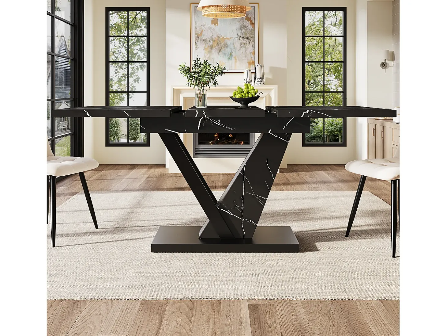 Mesa de comedor telescópica, extensible 120-160x75x75,5 cm, MDF jaspeado negro, patas de metal, mesa ajustable (120-160x75x75,5 cm)