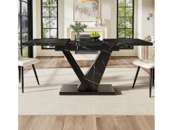 Mesa de comedor telescópica, extensible 120-160x75x75,5 cm, MDF jaspeado negro, patas de metal, mesa ajustable (120-160x75x75,5 cm)
