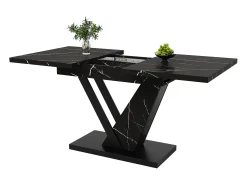Mesa de comedor telescópica, extensible 120-160x75x75,5 cm, MDF jaspeado negro, patas de metal, mesa ajustable (120-160x75x75,5 cm)