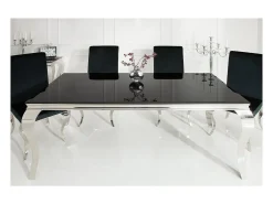 Mesa de comedor VELENA – Acero pulido y vidrio negro – 200 cm – Estilo barroco moderno