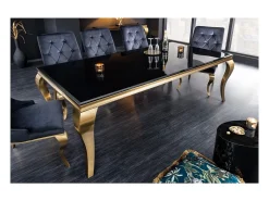 Mesa de comedor VELENA 180 cm – Tablero de vidrio negro y estructura de acero dorado – Elegancia barroca y diseño moderno