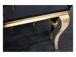 Mesa de comedor VELENA 180 cm – Tablero de vidrio negro y estructura de acero dorado – Elegancia barroca y diseño moderno