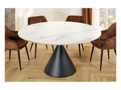 Mesa de comedor VOLTIS – Redonda diámetro 135 cm – Tablero cerámico efecto mármol blanco – Patas de metal – Estilo chic