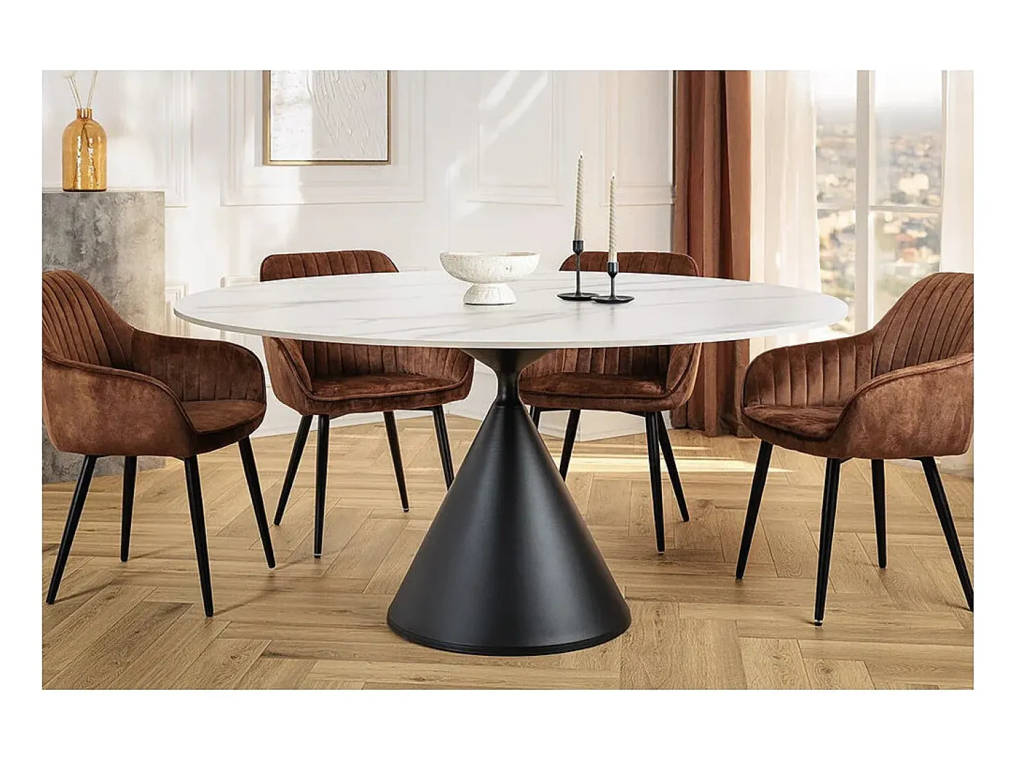 Mesa de comedor VOLTIS – Redonda diámetro 135 cm – Tablero cerámico efecto mármol blanco – Patas de metal – Estilo chic