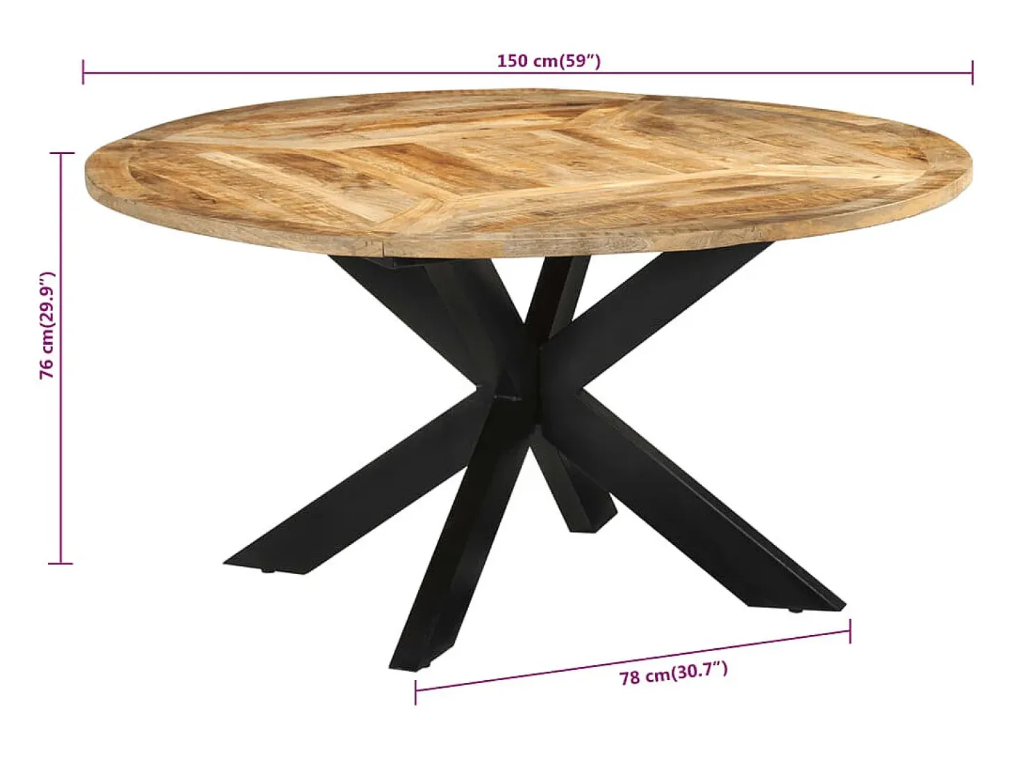 Mesa de comedor Ø150x76 cm madera maciza de mango en bruto