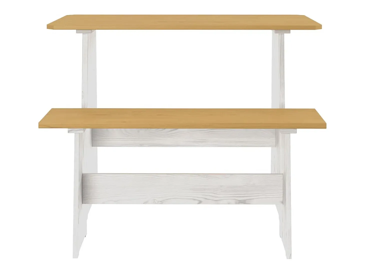 Mesa de comedor y banco QUEEN de madera maciza de pino color marrón miel y blanco