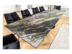Mesa de comedor ZAREL – Extensible de 180 a 260 cm – Cerámica y vidrio templado – Aspecto mármol gris topo