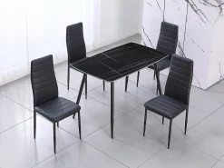 Mesa de Cristal Templado 120cm + 4 Sillas Polipiel. Comedor o Cocina, Negro