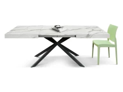 Mesa de madera, acabado blanco y patas X negras, extensible 140x90 - 220x90 - CAMAIORE