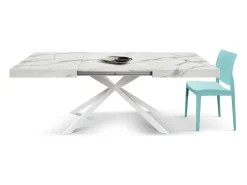 Mesa de madera, acabado blanco y patas X blancas, extensible 140x90 - 220x90 - CAMAIORE