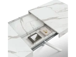 Mesa de madera, acabado blanco, patas blancas, extensible 140x90- 220x90 - CARRARA