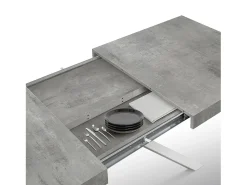 Mesa de madera, acabado gris, base en X de metal blanco, 180×90–260×90 - CAMAIORE