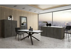Mesa de madera, acabado mármol blanco, base negra, extensible 120x80 - VOLPAIA
