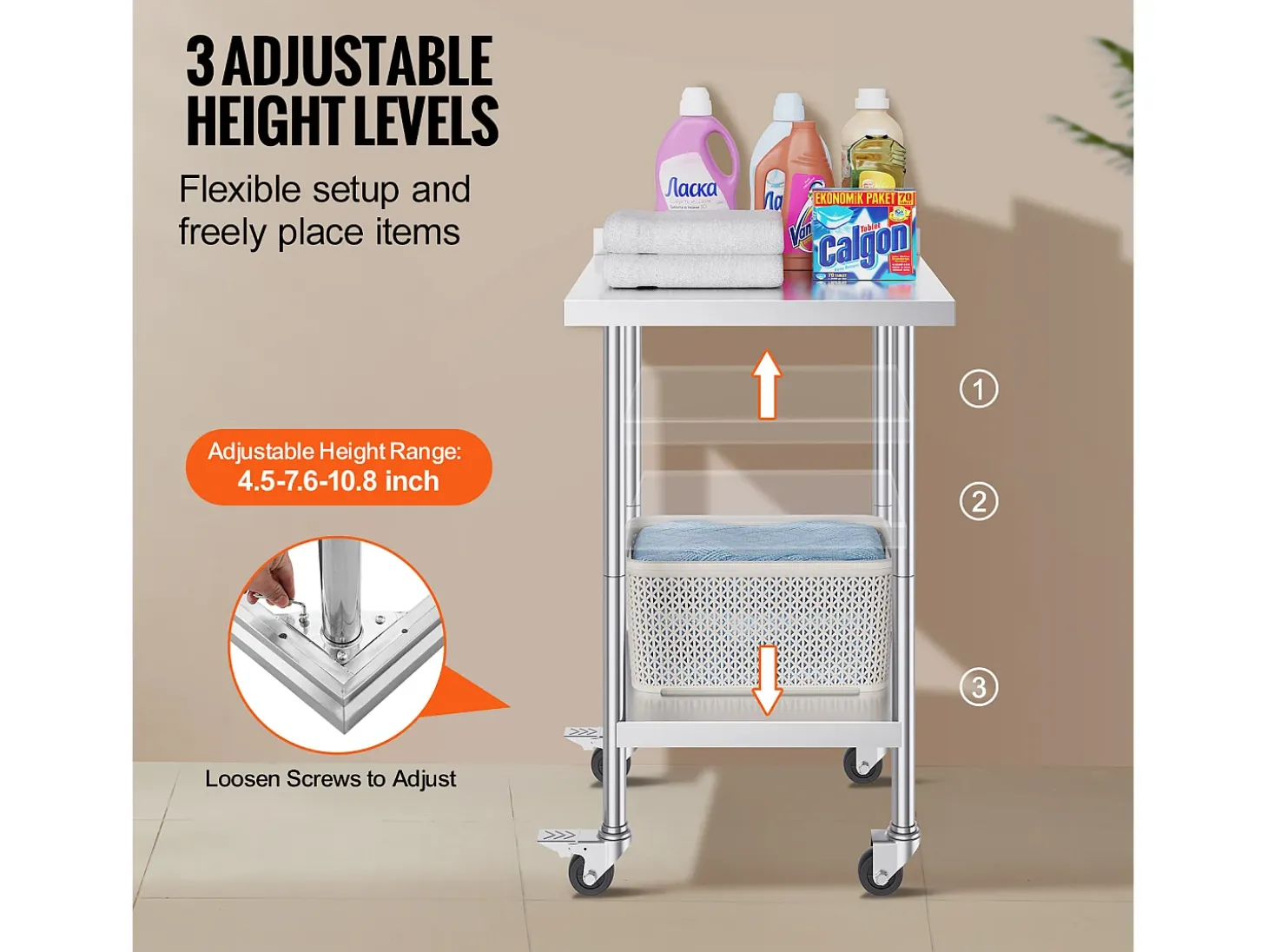 Mesa de Trabajo de Acero Inoxidable SucceBuy, 61 x 61 cm, Mesa de Preparación de Alimentos Comercial con Ruedas