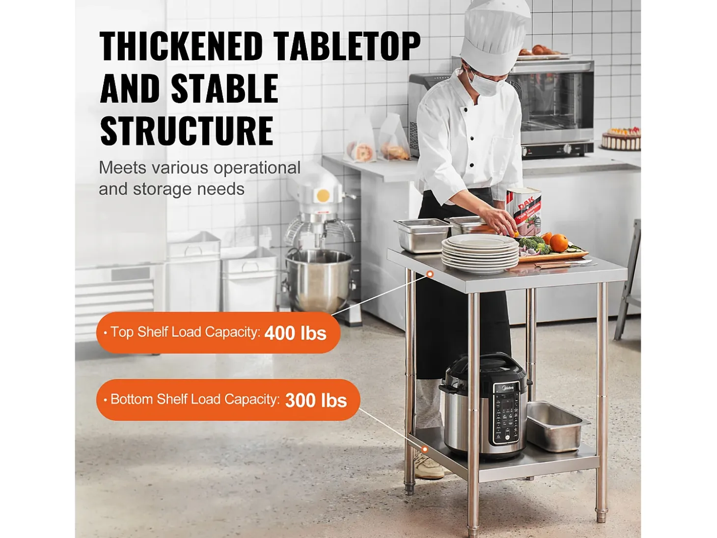 Mesa de Trabajo de Cocina SucceBuy 60.96x60.96x86.36 cm, Poste de Trabajo Alimentario Comercial