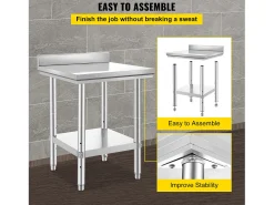 Mesa de Trabajo de Cocina en Acero Inoxidable SucceBuy, Mesa de Preparación de Alimentos 60.96x60.96 cm