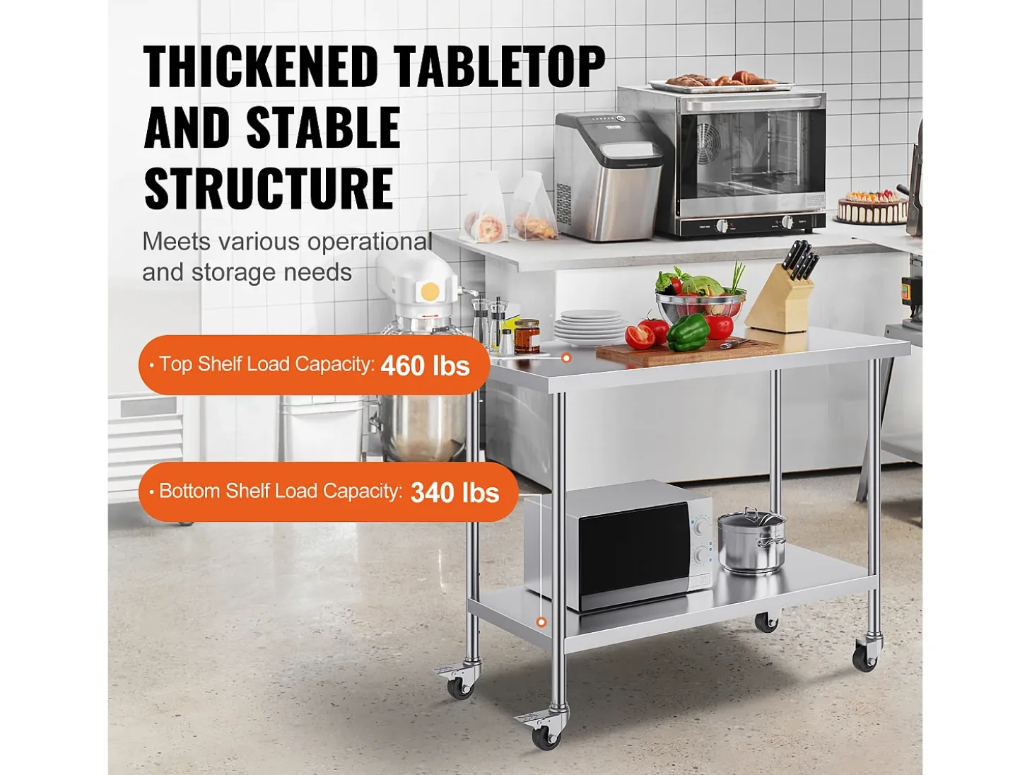 Mesa de Trabajo de Cocina SucceBuy 61 x 122 cm, Mesa de Preparación Comercial con 4 Ruedas
