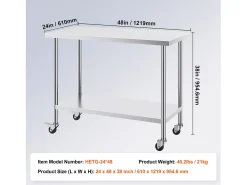 Mesa de Trabajo de Cocina SucceBuy 61 x 122 cm, Mesa de Preparación Comercial con 4 Ruedas