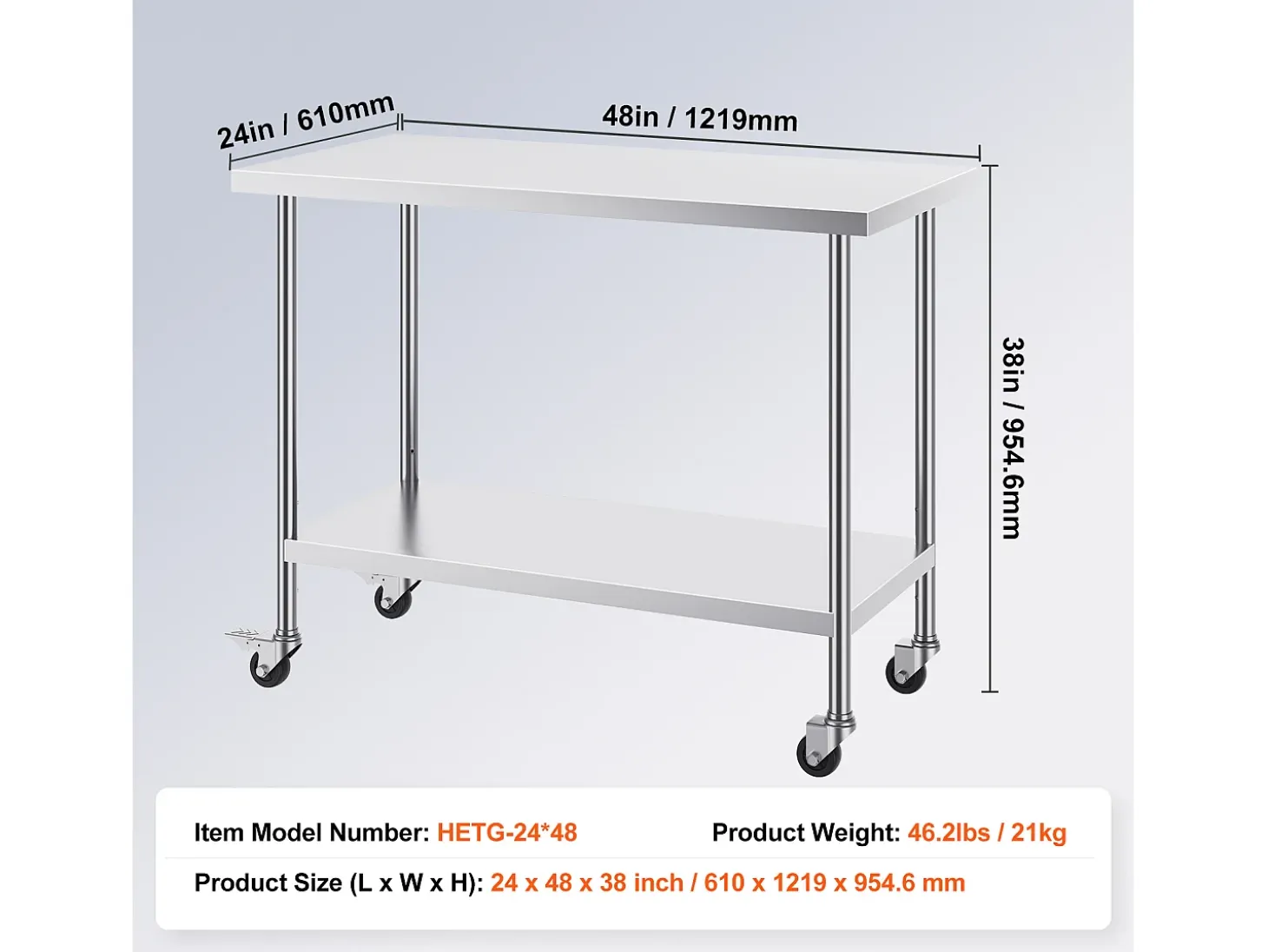 Mesa de Trabajo de Cocina SucceBuy 61 x 122 cm, Mesa de Preparación Comercial con 4 Ruedas