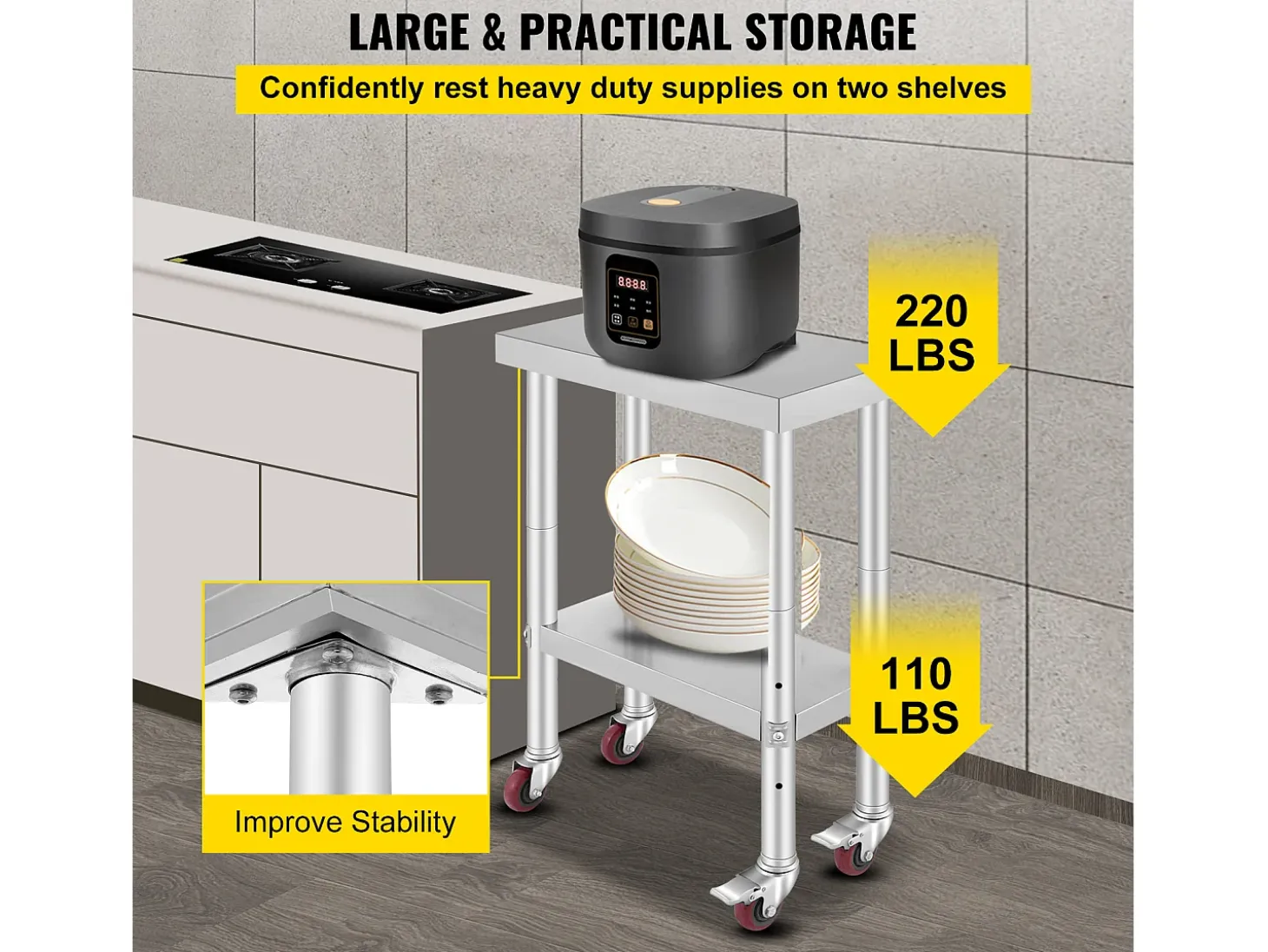Mesa de Trabajo de Cocina SucceBuy 30.48x60.96 cm | Mesa de Preparación Comercial con 4 Ruedas