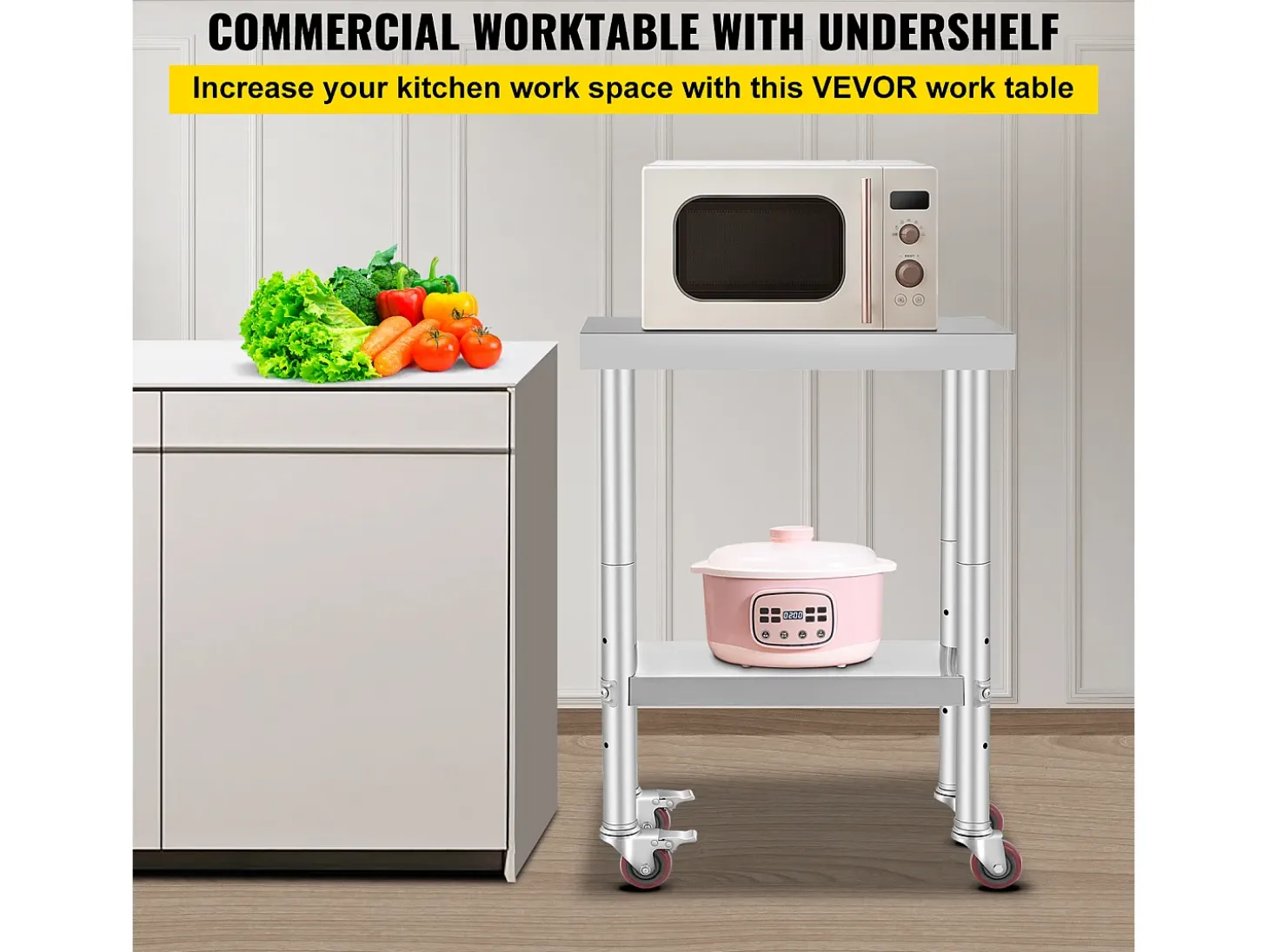 Mesa de Trabajo de Cocina SucceBuy 30.48x60.96 cm | Mesa de Preparación Comercial con 4 Ruedas