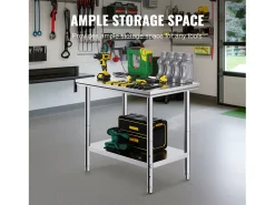 Mesa de Trabajo en Acero Inoxidable 60x90x80 cm, 2 Pisos, para Preparación de Cocina de Alimentos y Comidas, Hoteles, Oficinas, Hospitales