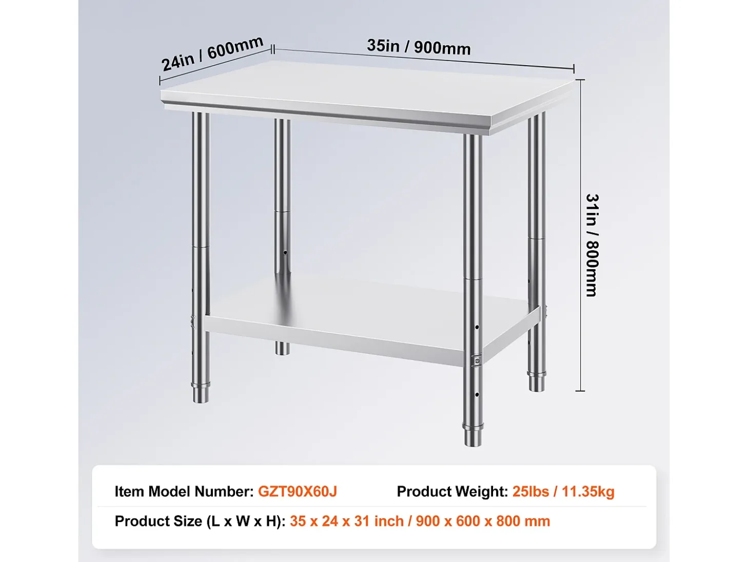 Mesa de Trabajo en Acero Inoxidable 60x90x80 cm, 2 Pisos, para Preparación de Cocina de Alimentos y Comidas, Hoteles, Oficinas, Hospitales