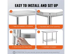 Mesa de Trabajo en Acero Inoxidable 60x90x80 cm, 2 Pisos, para Preparación de Cocina de Alimentos y Comidas, Hoteles, Oficinas, Hospitales