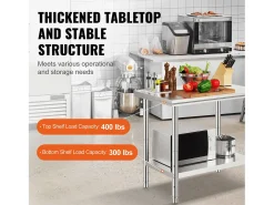 Mesa de Trabajo en Acero Inoxidable 60x90x80 cm, 2 Pisos, para Preparación de Cocina de Alimentos y Comidas, Hoteles, Oficinas, Hospitales