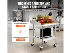 Mesa de Trabajo SucceBuy Mesa de Trabajo de Acero Inoxidable de 60.96 x 60.96 cm con 4 Ruedas para Preparación de Alimentos Comerciales de Alta Resistencia