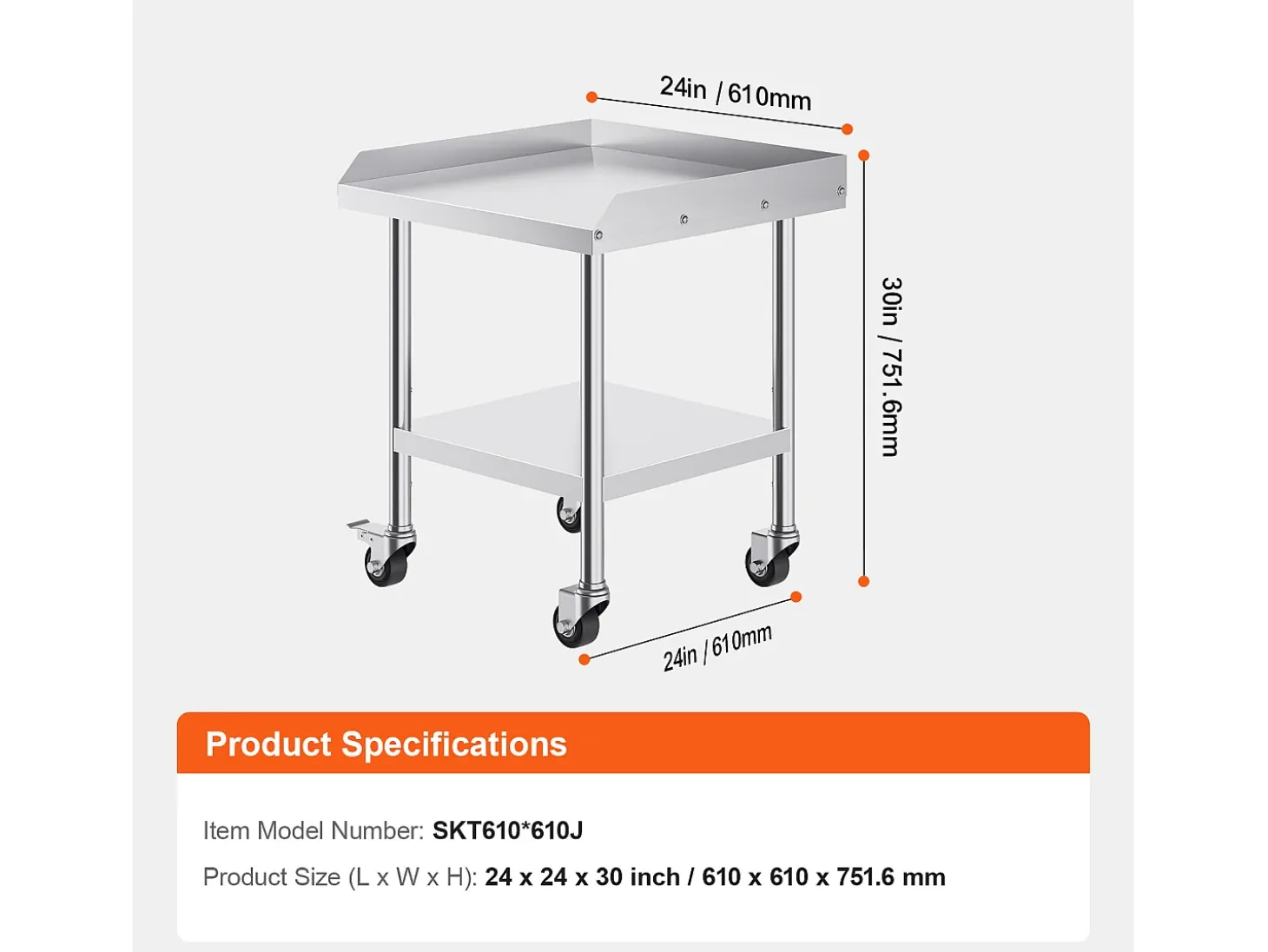 Mesa de Trabajo SucceBuy Mesa de Trabajo de Acero Inoxidable de 60.96 x 60.96 cm con 4 Ruedas para Preparación de Alimentos Comerciales de Alta Resistencia