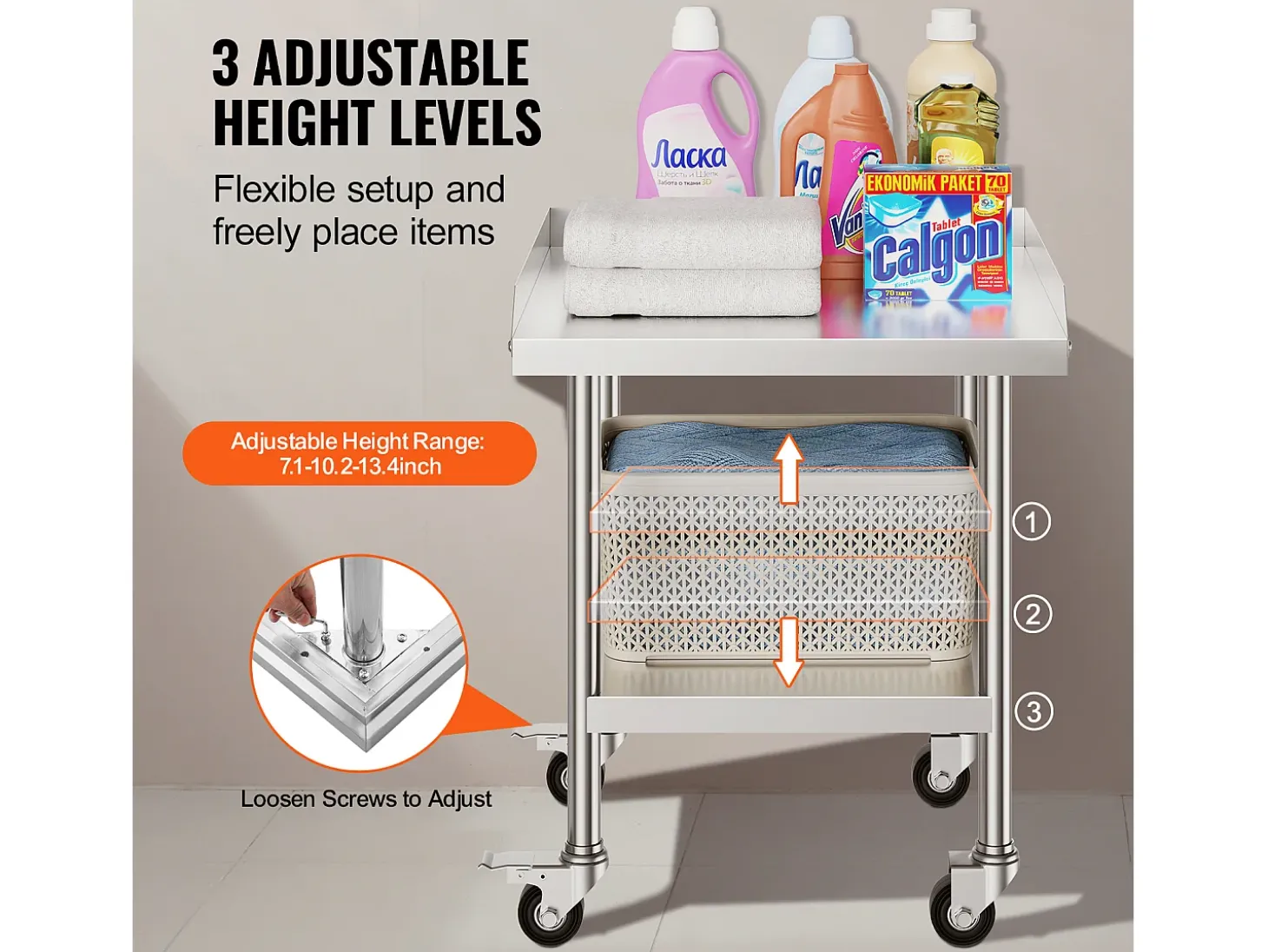 Mesa de Trabajo SucceBuy Mesa de Trabajo de Acero Inoxidable de 60.96 x 60.96 cm con 4 Ruedas para Preparación de Alimentos Comerciales de Alta Resistencia