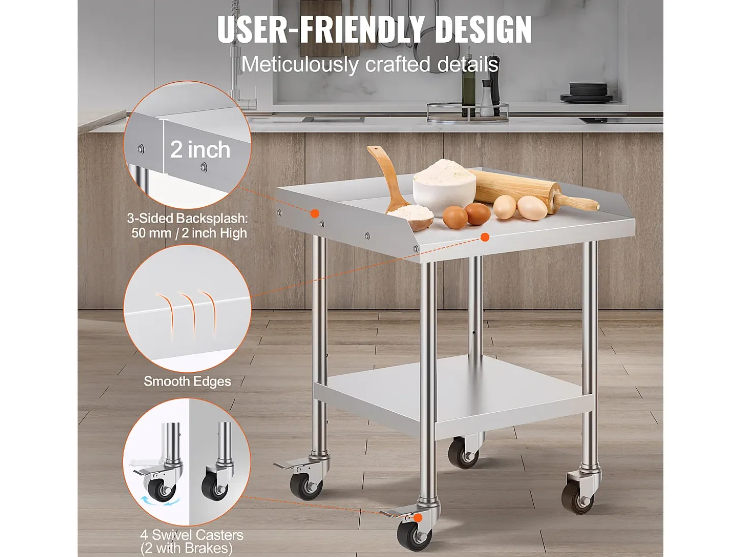 Mesa de Trabajo SucceBuy Mesa de Trabajo de Acero Inoxidable de 60.96 x 60.96 cm con 4 Ruedas para Preparación de Alimentos Comerciales de Alta Resistencia