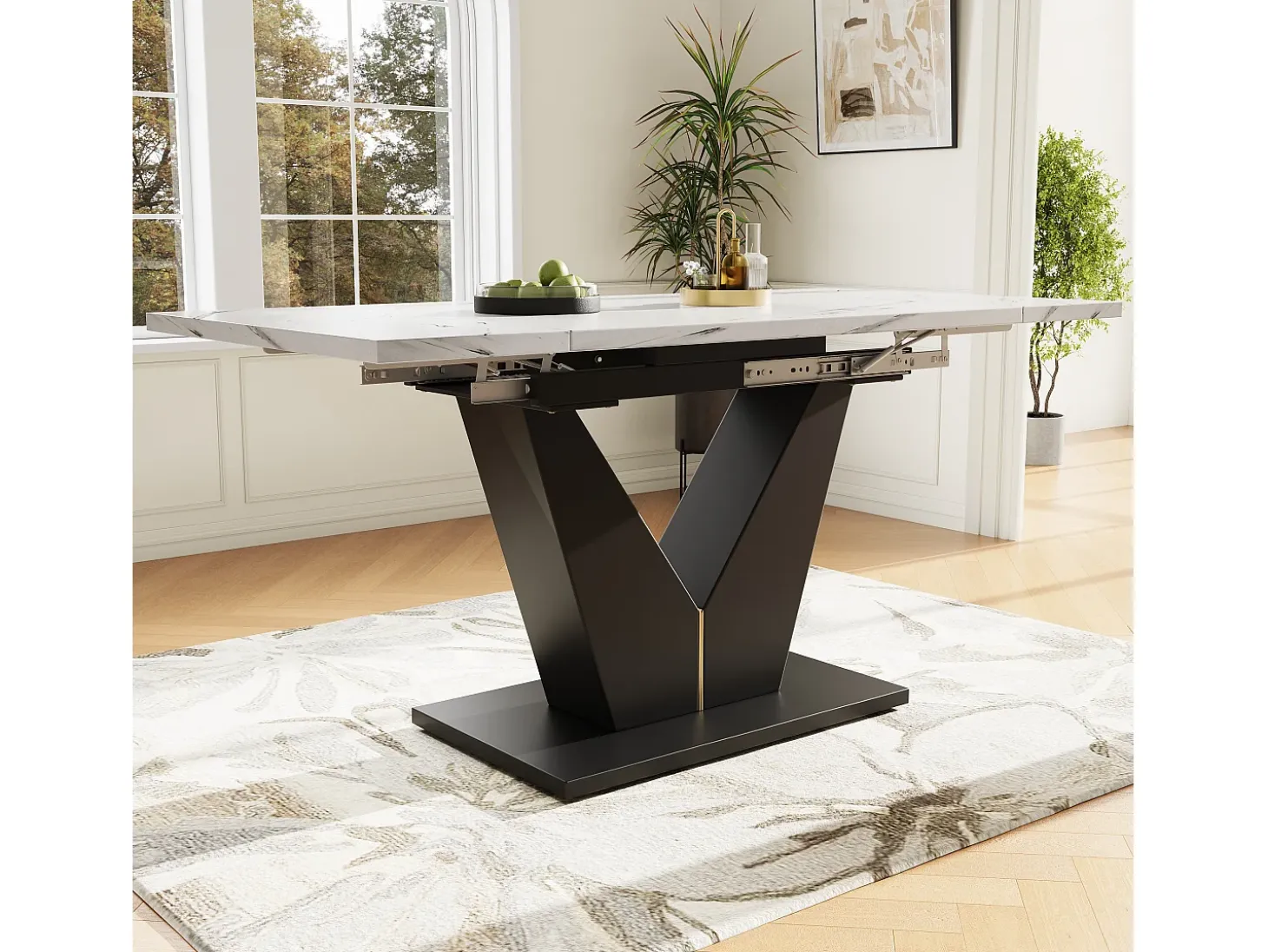 Mesa extensible (99-159×75 cm), mesa de cocina modular, con superficie de MDF blanco y patas de metal negro, para comedor y oficina