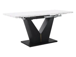 Mesa extensible (99-159×75 cm), mesa de cocina modular, con superficie de MDF blanco y patas de metal negro, para comedor y oficina