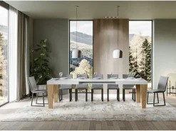Mesa extensible blanca y patas roble natural 6 a 20 plazas Kristo 180 a 440 cm-Base y soporte con ruedas