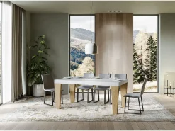 Mesa extensible blanca y patas roble natural 6 a 20 plazas Kristo 180 a 440 cm-Base y soporte con ruedas