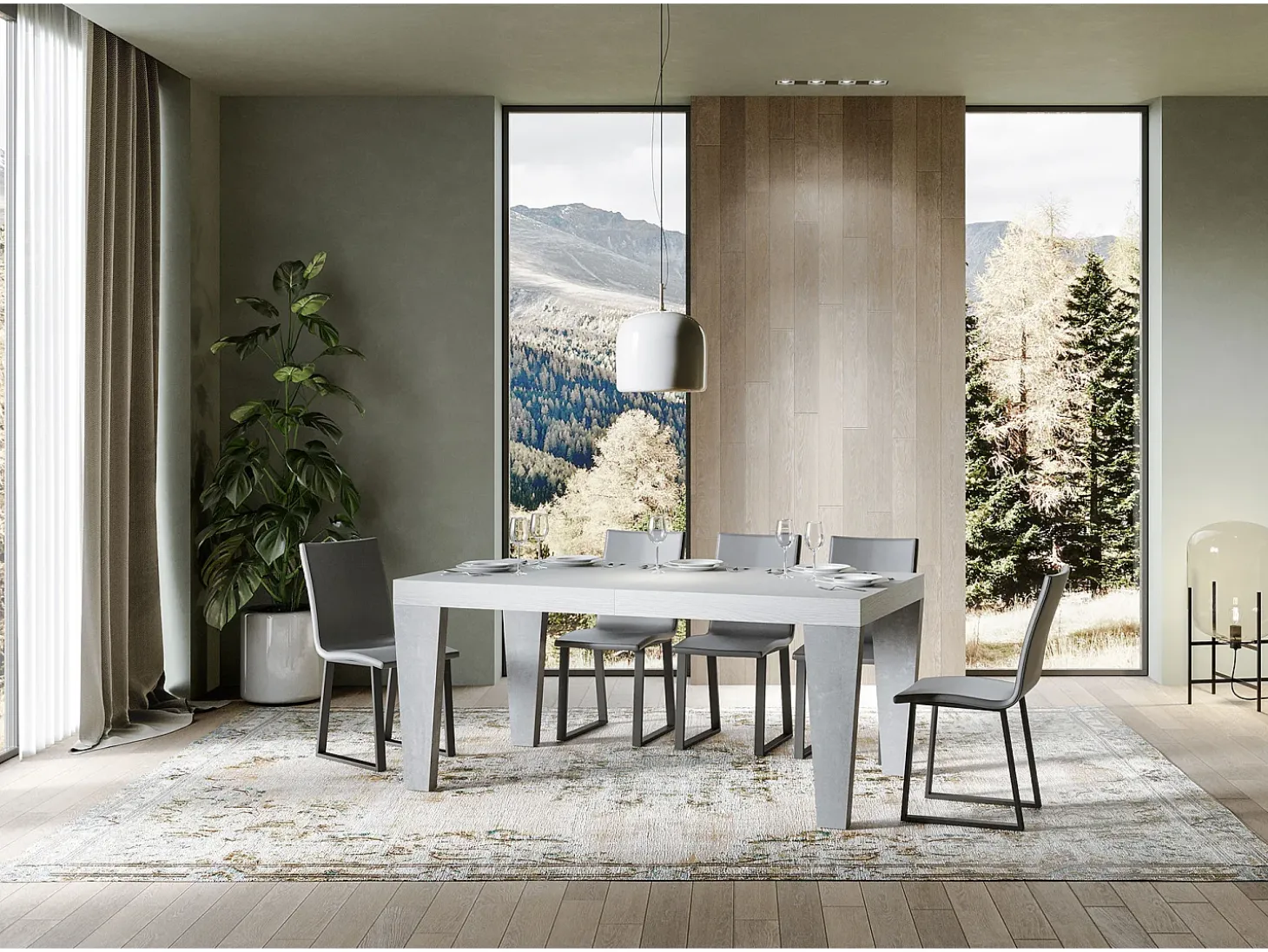 Mesa extensible blanca y patas gris cemento para 6 a 12 personas Kristo L 180 a 284 cm-Soporte 2 pies
