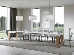 Mesa extensible blanca y patas roble natural 6 a 20 plazas Kristo 160 a 420 cm-Base y soporte con ruedas