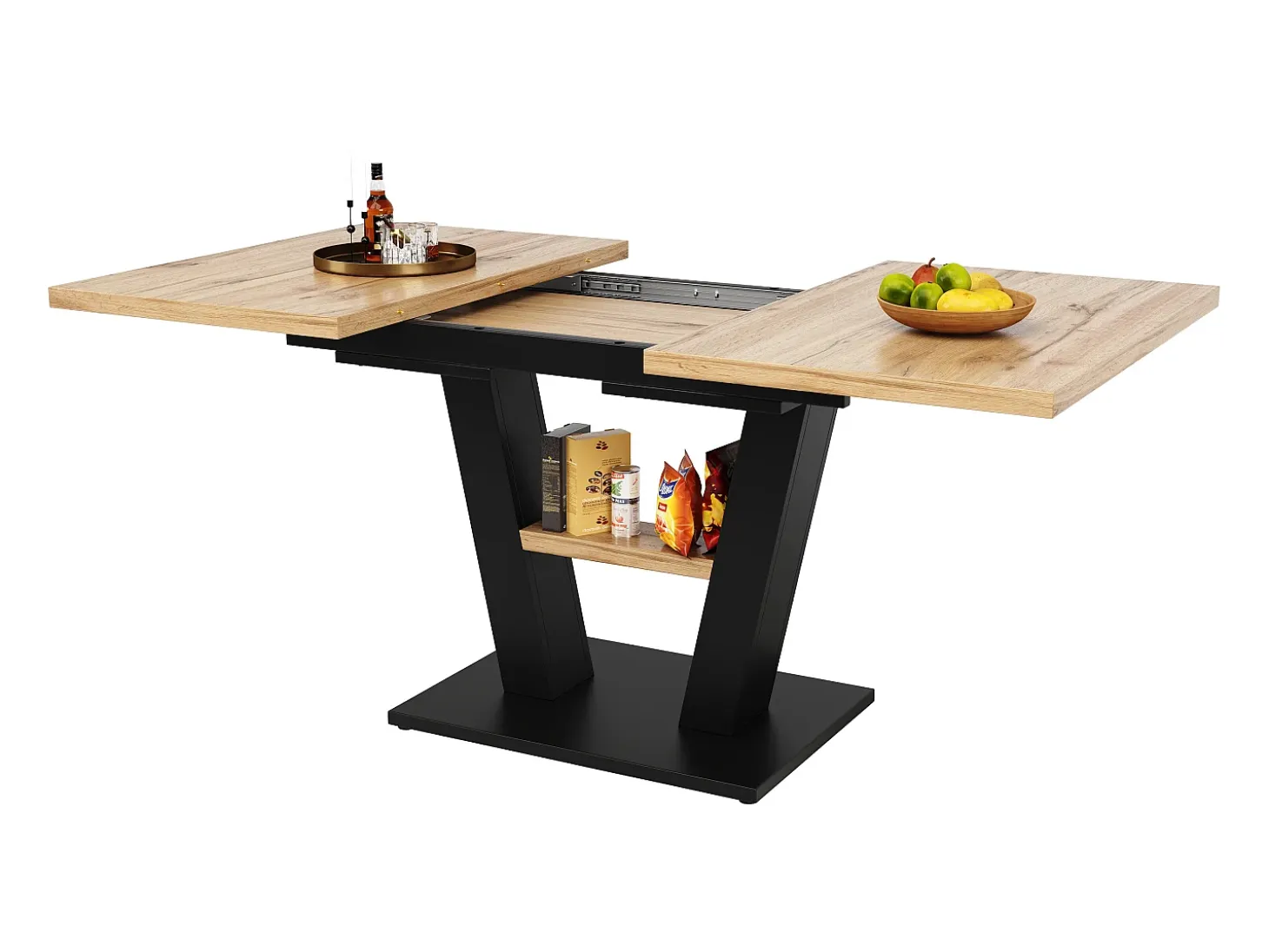 Mesa extensible (118-157×70×75cm), mesa de comedor, MDF y metal, negra y madera (118-157×70×75 cm)