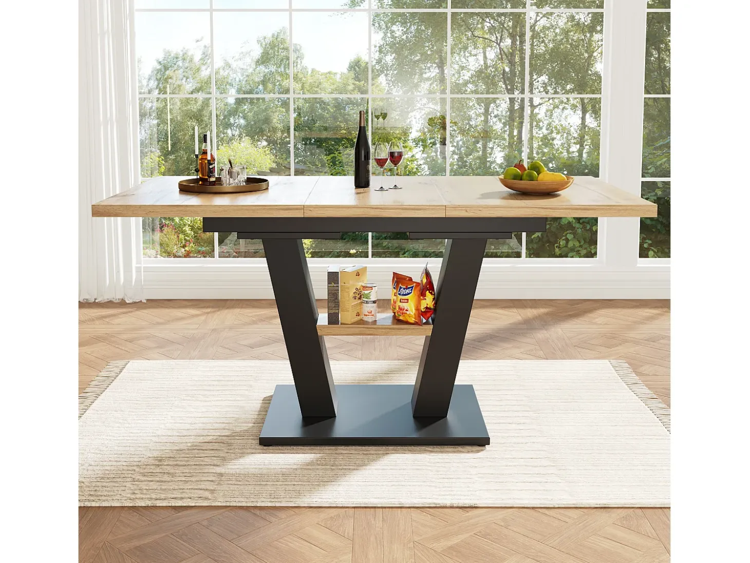 Mesa extensible (118-157×70×75cm), mesa de comedor, MDF y metal, negra y madera (118-157×70×75 cm)