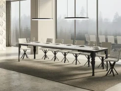 Mesa extensible con patas de acero antracita, estilo oriental Torza evolución-Color Blanco-Soporte 2 pies-Ancho extensible