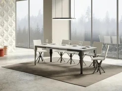 Mesa extensible con patas de acero antracita, estilo oriental Torza evolución-Color Blanco-Soporte 2 pies-Ancho extensible