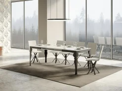 Mesa extensible con patas de acero antracita, estilo oriental Torza evolución-Color Blanco-Soporte 2 pies-Ancho extensible