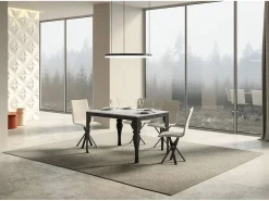 Mesa extensible con patas de acero antracita, estilo oriental Torza evolución-Color Blanco-Soporte 4 pies-Ancho extensible