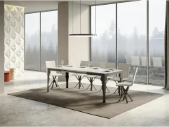 Mesa extensible con patas de acero antracita, estilo oriental Torza evolución-Color Blanco-Soporte 2 pies-Ancho extensible