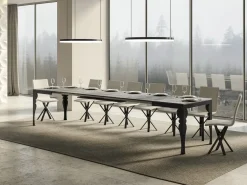 Mesa extensible con patas de acero antracita, estilo oriental Torza evolución-Color Gris cemento-Soporte 2 pies-Ancho extensible