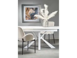 Mesa extensible contemporánea con tablero de aspecto mármol y pata central de diseño metálico blanco HORN