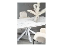 Mesa extensible contemporánea con tablero de aspecto mármol y pata central de diseño metálico blanco HORN